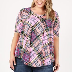 Emetla Plus Size V-Neck Multicolor Plaid Print Top